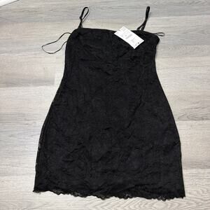 Zara Mini Dress Womens Black Lace Bow Slip Square Neck Size Medium